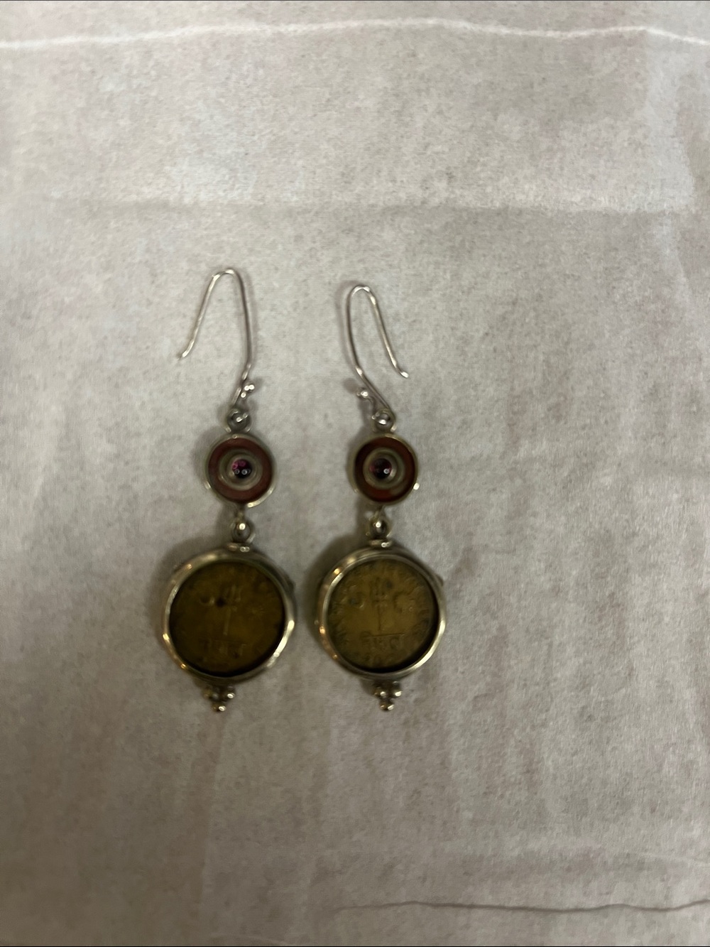Silver-Tone Coin Drop Earrings in Olive Green and Red